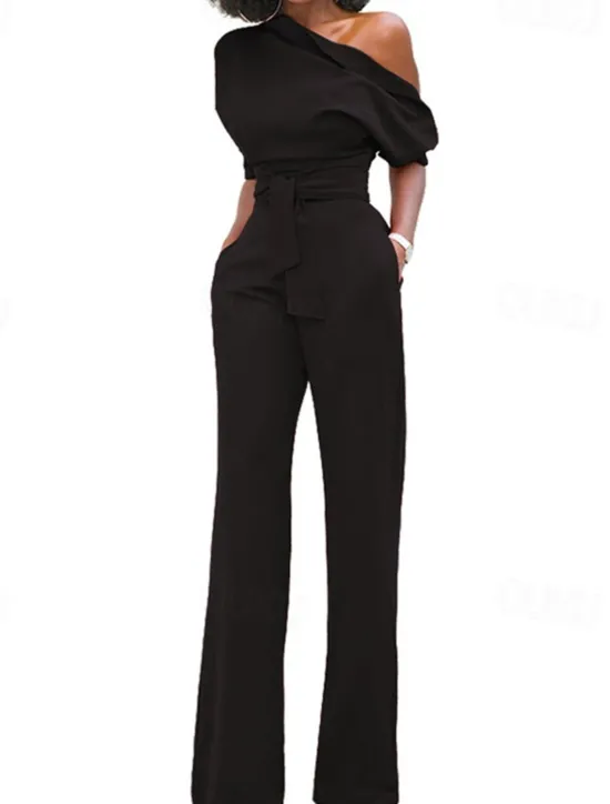 Outlet Women's Normal Jumpsuit Elegant Solid Color Half Sleeve One Shoulder Pocket High Waist Wedding Party Regular Fit Black White Yellow Fall Women Jumpsuits