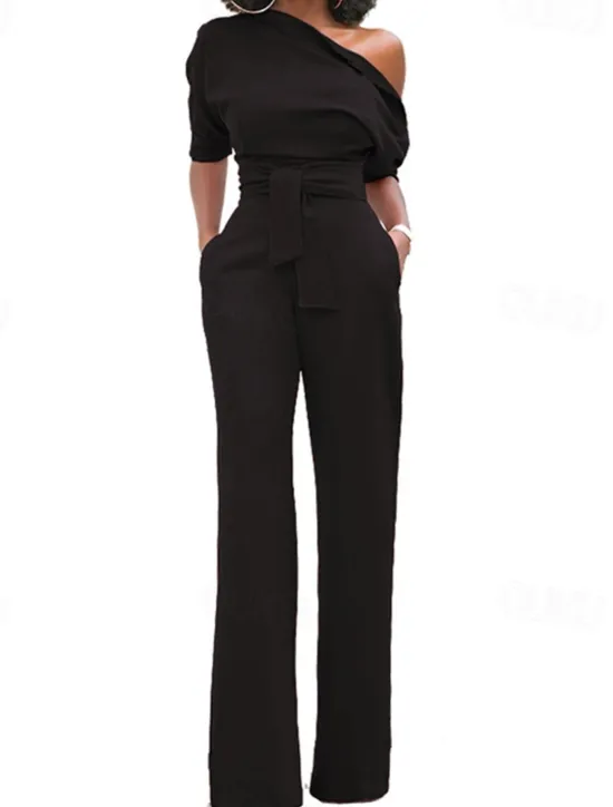 Outlet Women's Normal Jumpsuit Elegant Solid Color Half Sleeve One Shoulder Pocket High Waist Wedding Party Regular Fit Black White Yellow Fall Women Jumpsuits