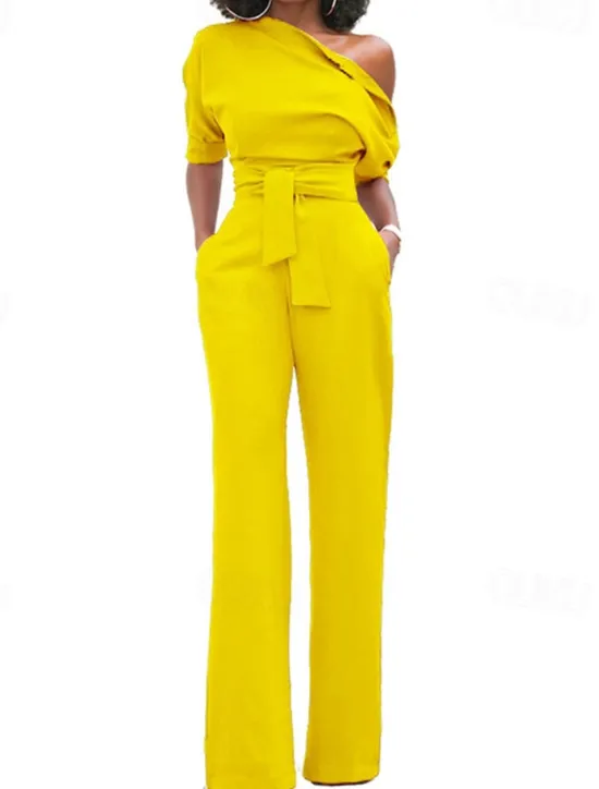 Outlet Women's Normal Jumpsuit Elegant Solid Color Half Sleeve One Shoulder Pocket High Waist Wedding Party Regular Fit Black White Yellow Fall Women Jumpsuits