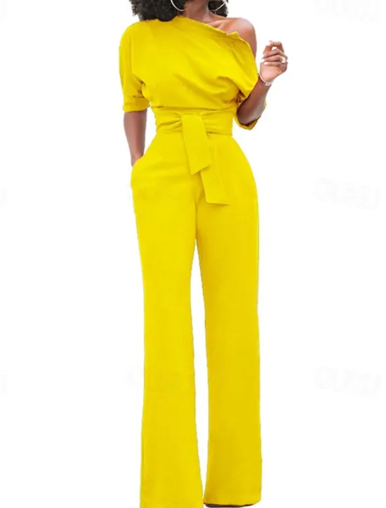 Outlet Women's Normal Jumpsuit Elegant Solid Color Half Sleeve One Shoulder Pocket High Waist Wedding Party Regular Fit Black White Yellow Fall Women Jumpsuits