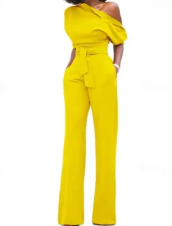 Outlet Women's Normal Jumpsuit Elegant Solid Color Half Sleeve One Shoulder Pocket High Waist Wedding Party Regular Fit Black White Yellow Fall Women Jumpsuits
