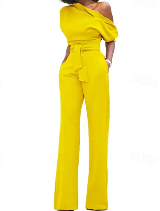Outlet Women's Normal Jumpsuit Elegant Solid Color Half Sleeve One Shoulder Pocket High Waist Wedding Party Regular Fit Black White Yellow Fall Women Jumpsuits