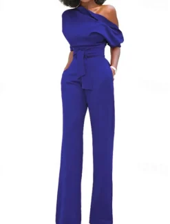 Outlet Women's Normal Jumpsuit Elegant Solid Color Half Sleeve One Shoulder Pocket High Waist Wedding Party Regular Fit Black White Yellow Fall Women Jumpsuits