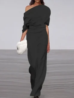 Outlet Women's Normal Jumpsuit Formal Solid Color Half Sleeve Raglan Sleeves Straight Party Office Regular Fit Black White Fall Women Jumpsuits