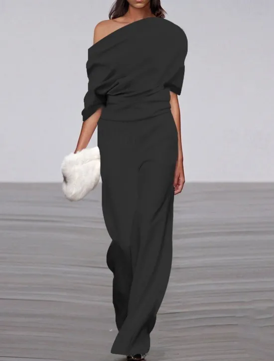 Outlet Women's Normal Jumpsuit Formal Solid Color Half Sleeve Raglan Sleeves Straight Party Office Regular Fit Black White Fall Women Jumpsuits