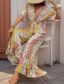 New Women's Normal Jumpsuit Holiday Floral 3/4 Length Sleeve V Neck High Waist Vacation Daily Regular Fit Summer Women Jumpsuits
