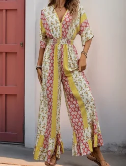 New Women's Normal Jumpsuit Holiday Floral 3/4 Length Sleeve V Neck High Waist Vacation Daily Regular Fit Summer Women Jumpsuits
