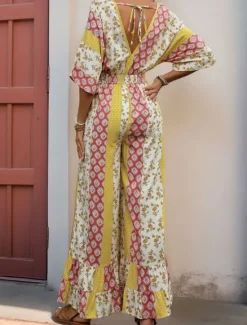 New Women's Normal Jumpsuit Holiday Floral 3/4 Length Sleeve V Neck High Waist Vacation Daily Regular Fit Summer Women Jumpsuits