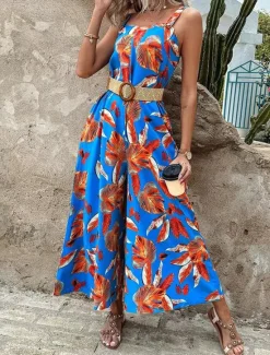 Outlet Women's Normal Jumpsuit Holiday Floral Sleeveless V Neck Backless Pocket Street Daily Regular Fit Summer Women Jumpsuits