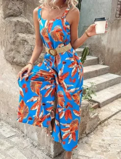 Outlet Women's Normal Jumpsuit Holiday Floral Sleeveless V Neck Backless Pocket Street Daily Regular Fit Summer Women Jumpsuits