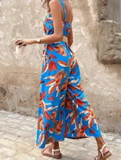 Outlet Women's Normal Jumpsuit Holiday Floral Sleeveless V Neck Backless Pocket Street Daily Regular Fit Summer Women Jumpsuits