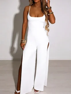 Discount Women's Normal Jumpsuit Streetwear Solid Color Sleeveless U Neck Split High Waist Party Street Regular Fit Black White Brown Summer Women Jumpsuits