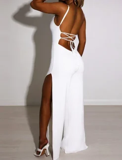 Discount Women's Normal Jumpsuit Streetwear Solid Color Sleeveless U Neck Split High Waist Party Street Regular Fit Black White Brown Summer Women Jumpsuits
