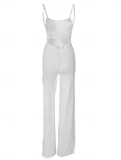 Discount Women's Normal Jumpsuit Streetwear Solid Color Sleeveless U Neck Split High Waist Party Street Regular Fit Black White Brown Summer Women Jumpsuits