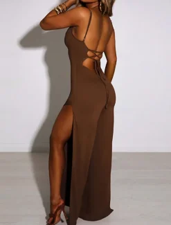 Discount Women's Normal Jumpsuit Streetwear Solid Color Sleeveless U Neck Split High Waist Party Street Regular Fit Black White Brown Summer Women Jumpsuits