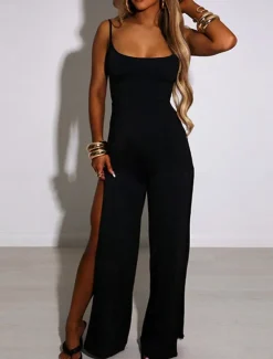Discount Women's Normal Jumpsuit Streetwear Solid Color Sleeveless U Neck Split High Waist Party Street Regular Fit Black White Brown Summer Women Jumpsuits