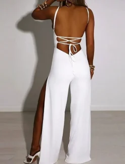 Discount Women's Normal Jumpsuit Streetwear Solid Color Sleeveless U Neck Split High Waist Party Street Regular Fit Black White Brown Summer Women Jumpsuits