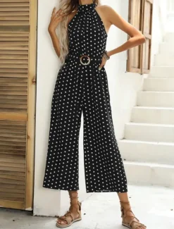 Clearance Women's Normal Jumpsuit Streetwear Polka Dot Sleeveless Halter Neck Pocket High Waist Street Daily Regular Fit Black Green Summer Women Jumpsuits