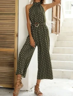 Clearance Women's Normal Jumpsuit Streetwear Polka Dot Sleeveless Halter Neck Pocket High Waist Street Daily Regular Fit Black Green Summer Women Jumpsuits