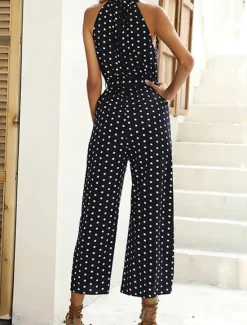 Clearance Women's Normal Jumpsuit Streetwear Polka Dot Sleeveless Halter Neck Pocket High Waist Street Daily Regular Fit Black Green Summer Women Jumpsuits