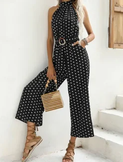 Clearance Women's Normal Jumpsuit Streetwear Polka Dot Sleeveless Halter Neck Pocket High Waist Street Daily Regular Fit Black Green Summer Women Jumpsuits