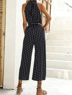 Clearance Women's Normal Jumpsuit Streetwear Polka Dot Sleeveless Halter Neck Pocket High Waist Street Daily Regular Fit Black Green Summer Women Jumpsuits