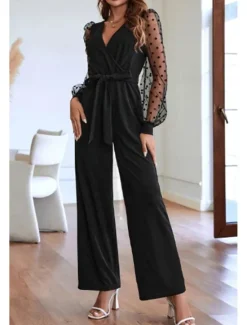 Outlet Women's Normal Jumpsuit Streetwear Solid Color Long Sleeve V Neck Lace Patchwork Going out Weekend Regular Fit Summer Women Jumpsuits