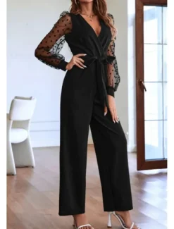 Outlet Women's Normal Jumpsuit Streetwear Solid Color Long Sleeve V Neck Lace Patchwork Going out Weekend Regular Fit Summer Women Jumpsuits