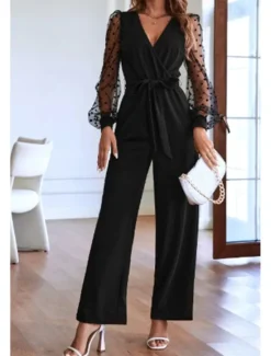 Outlet Women's Normal Jumpsuit Streetwear Solid Color Long Sleeve V Neck Lace Patchwork Going out Weekend Regular Fit Summer Women Jumpsuits