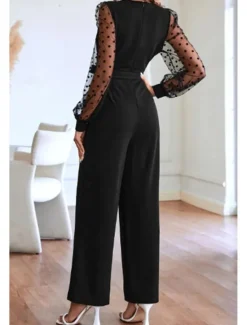 Outlet Women's Normal Jumpsuit Streetwear Solid Color Long Sleeve V Neck Lace Patchwork Going out Weekend Regular Fit Summer Women Jumpsuits