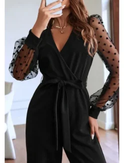 Outlet Women's Normal Jumpsuit Streetwear Solid Color Long Sleeve V Neck Lace Patchwork Going out Weekend Regular Fit Summer Women Jumpsuits