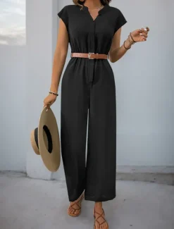 Sale Women's Normal Jumpsuit Streetwear Solid Color Short Sleeve V Neck Buttons High Waist Vacation Office Regular Fit Summer Women Jumpsuits