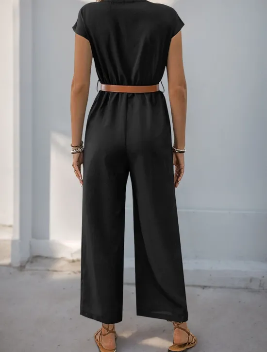 Sale Women's Normal Jumpsuit Streetwear Solid Color Short Sleeve V Neck Buttons High Waist Vacation Office Regular Fit Summer Women Jumpsuits
