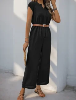 Sale Women's Normal Jumpsuit Streetwear Solid Color Short Sleeve V Neck Buttons High Waist Vacation Office Regular Fit Summer Women Jumpsuits