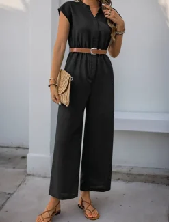 Sale Women's Normal Jumpsuit Streetwear Solid Color Short Sleeve V Neck Buttons High Waist Vacation Office Regular Fit Summer Women Jumpsuits