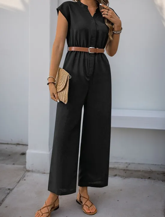 Sale Women's Normal Jumpsuit Streetwear Solid Color Short Sleeve V Neck Buttons High Waist Vacation Office Regular Fit Summer Women Jumpsuits