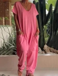 Clearance Women's Normal Jumpsuit Streetwear Solid Color Short Sleeve V Neck Pocket Street Daily Regular Fit White Yellow Fuchsia Summer Women Jumpsuits