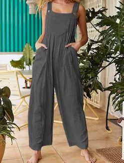 New Women's Normal Jumpsuit Streetwear Solid Color Sleeveless Sleeveless Square Neck Buttons Pocket Street Daily Regular Fit Red Khaki Gray Summer Women Jumpsuits|Sets