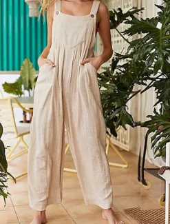 New Women's Normal Jumpsuit Streetwear Solid Color Sleeveless Sleeveless Square Neck Buttons Pocket Street Daily Regular Fit Red Khaki Gray Summer Women Jumpsuits|Sets