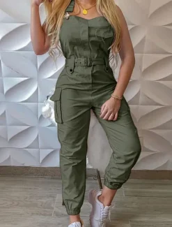Clearance Women's Normal Jumpsuit Streetwear Solid Color Sleeveless U Neck Pocket Street Daily Regular Fit Black Pink Green Summer Women Jumpsuits