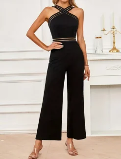 Discount Women's Normal Jumpsuit Streetwear Solid Color Sleeveless Halter Neck Mesh Backless Street Business Regular Fit Summer Women Jumpsuits