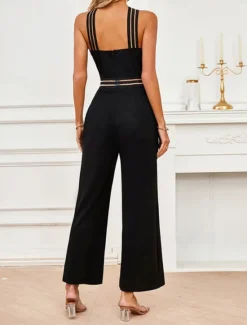 Discount Women's Normal Jumpsuit Streetwear Solid Color Sleeveless Halter Neck Mesh Backless Street Business Regular Fit Summer Women Jumpsuits