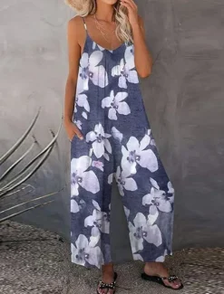 Women's Normal Jumpsuit Streetwear Floral Sleeveless U Neck Print Street Daily Regular Fit Khaki Gray Summer Women Jumpsuits