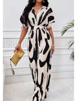 Discount Women's Normal Jumpsuit Streetwear Geometric Half Sleeve Batwing Sleeve V Neck Print Street Daily Loose Fit Brown Green Apricot Summer Women Jumpsuits
