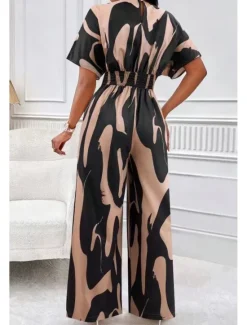 Discount Women's Normal Jumpsuit Streetwear Geometric Half Sleeve Batwing Sleeve V Neck Print Street Daily Loose Fit Brown Green Apricot Summer Women Jumpsuits