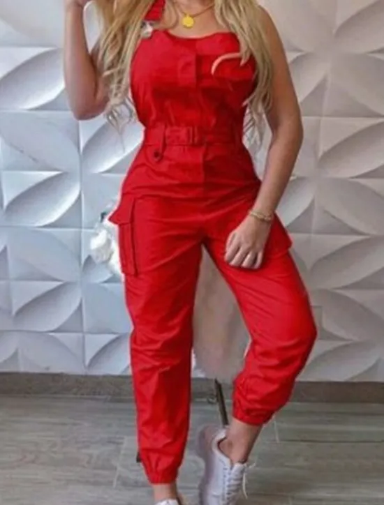 Women's Normal Jumpsuit Streetwear Solid Color Sleeveless V Neck Pocket High Waist Vacation Street Regular Fit Black Yellow Pink Fall Women Jumpsuits