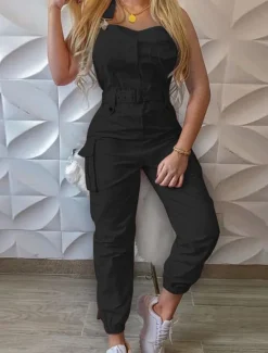 Women's Normal Jumpsuit Streetwear Solid Color Sleeveless V Neck Pocket High Waist Vacation Street Regular Fit Black Yellow Pink Fall Women Jumpsuits