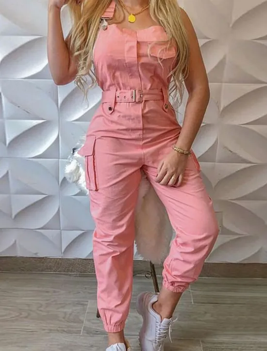 Women's Normal Jumpsuit Streetwear Solid Color Sleeveless V Neck Pocket High Waist Vacation Street Regular Fit Black Yellow Pink Fall Women Jumpsuits