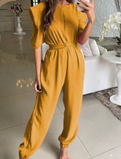 Women's Normal Jumpsuit Streetwear Solid Color Short Sleeve Crew Neck High Waist Street Daily Regular Fit Yellow Fuchsia Green Summer Women Jumpsuits