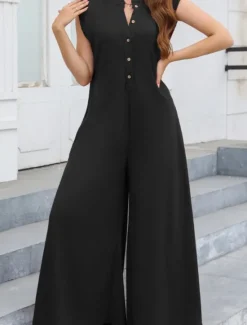 Online Women's Normal Jumpsuit Streetwear Solid Color Sleeveless V Neck Buttons Street Going out Regular Fit Black White Light Green Summer Women Jumpsuits